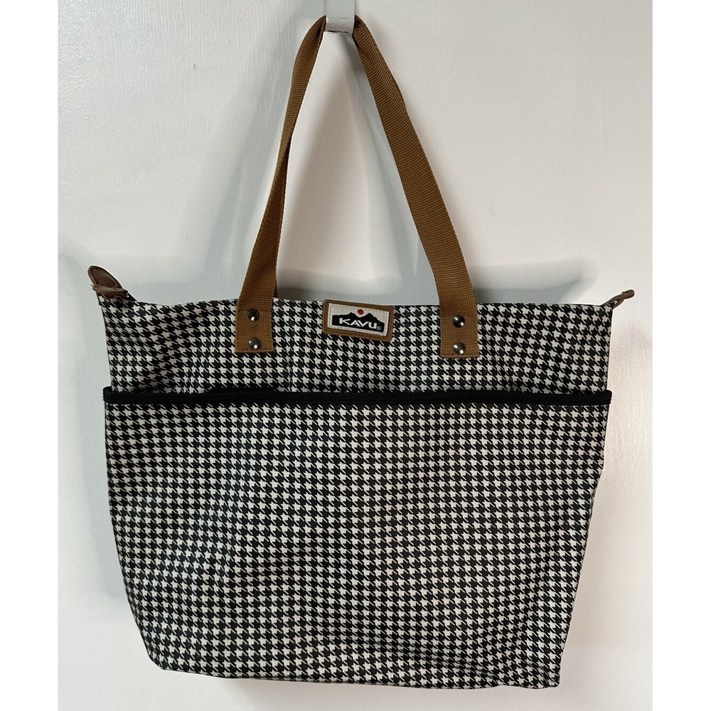 Kavu White/Black Houndstooth Pattern Strap Tote Bag Market Bag 16x12"